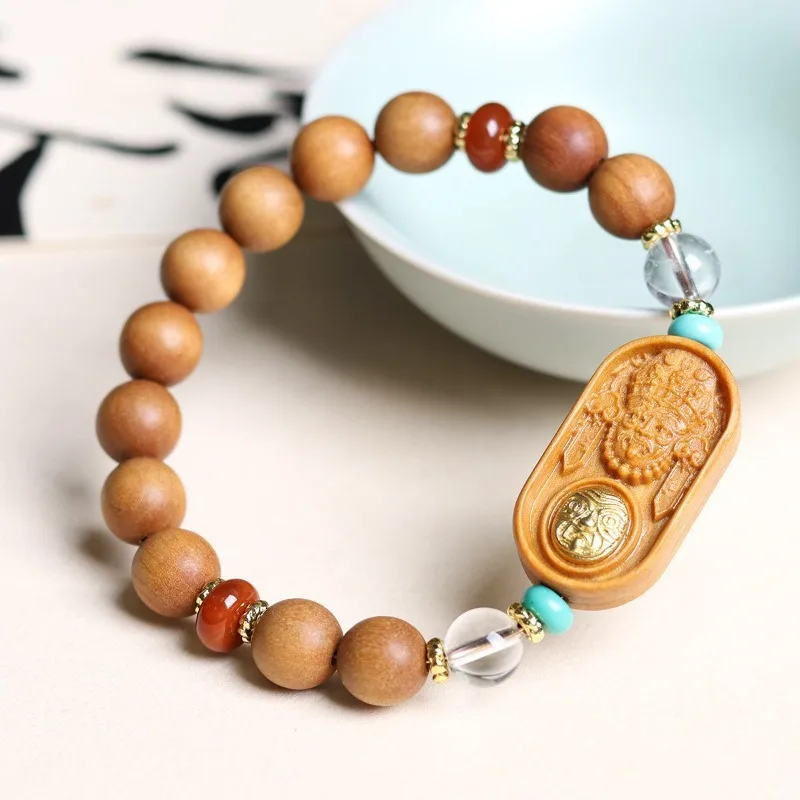 Aged Sandalwood Round Beads Bracelet with Tibetan Wealth Deity Carving and Clear Quartz Wealth Attracting Spiritual Jewelry Gift