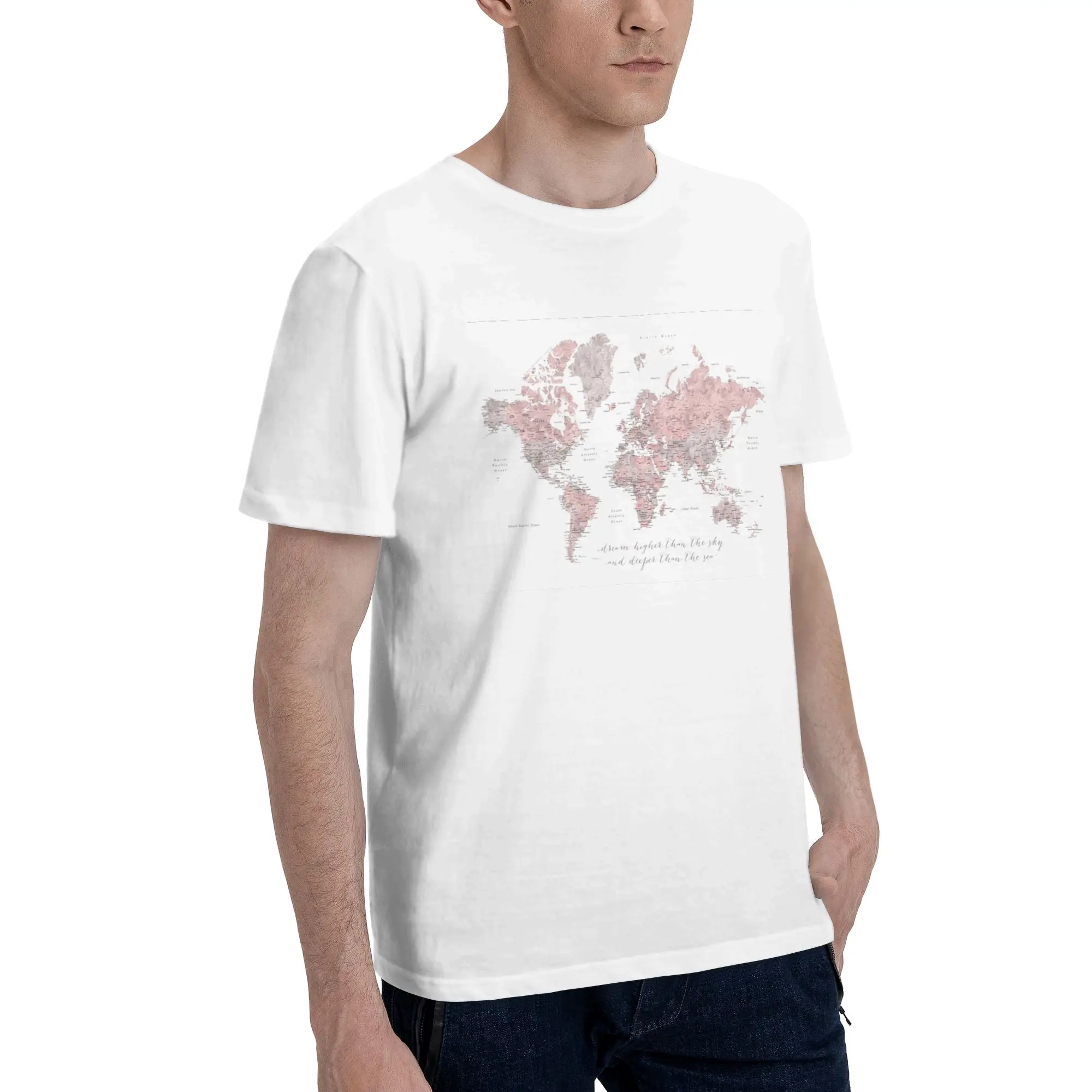 

Inspirational watercolor world map with cities Men T-Shirt Plus Size T Shirts Men's Crew Neck Cotton Tees Short Summer Male