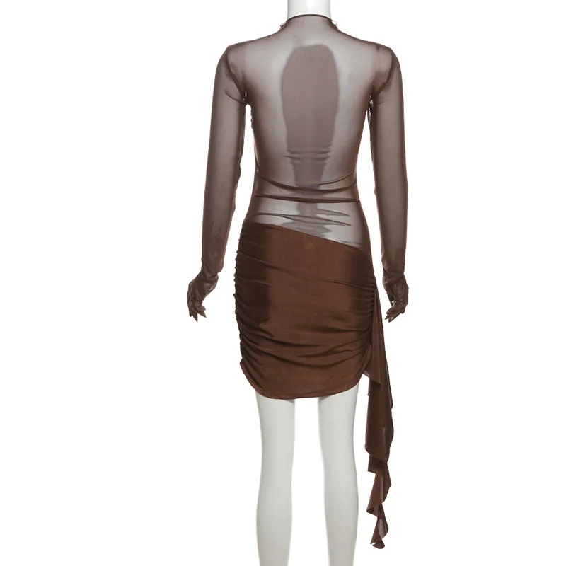 DSMTRC Female 2025 Brown See Through Low Waisted Party Dresses Sexy Pullover Mesh Women Long Sleeve Clubwear Y2K Mini Vestidos