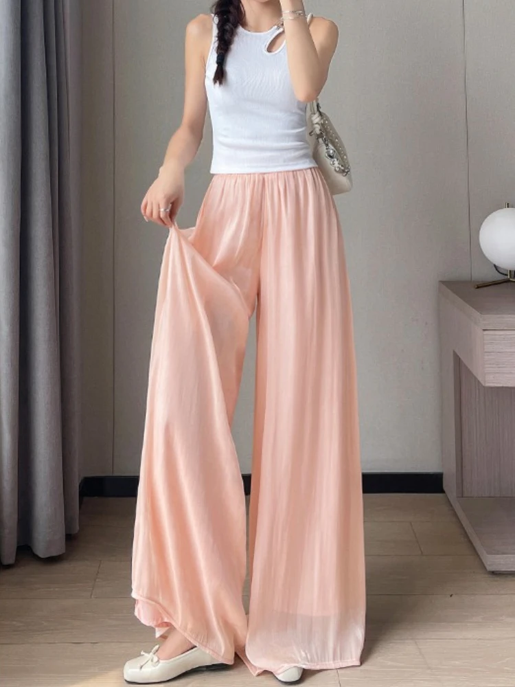 กางเกงขายาวทรงตรงเอวสูงผ้าบางเบาใส่สบายสำหรับผู้หญิงช่วงฤดูร้อน