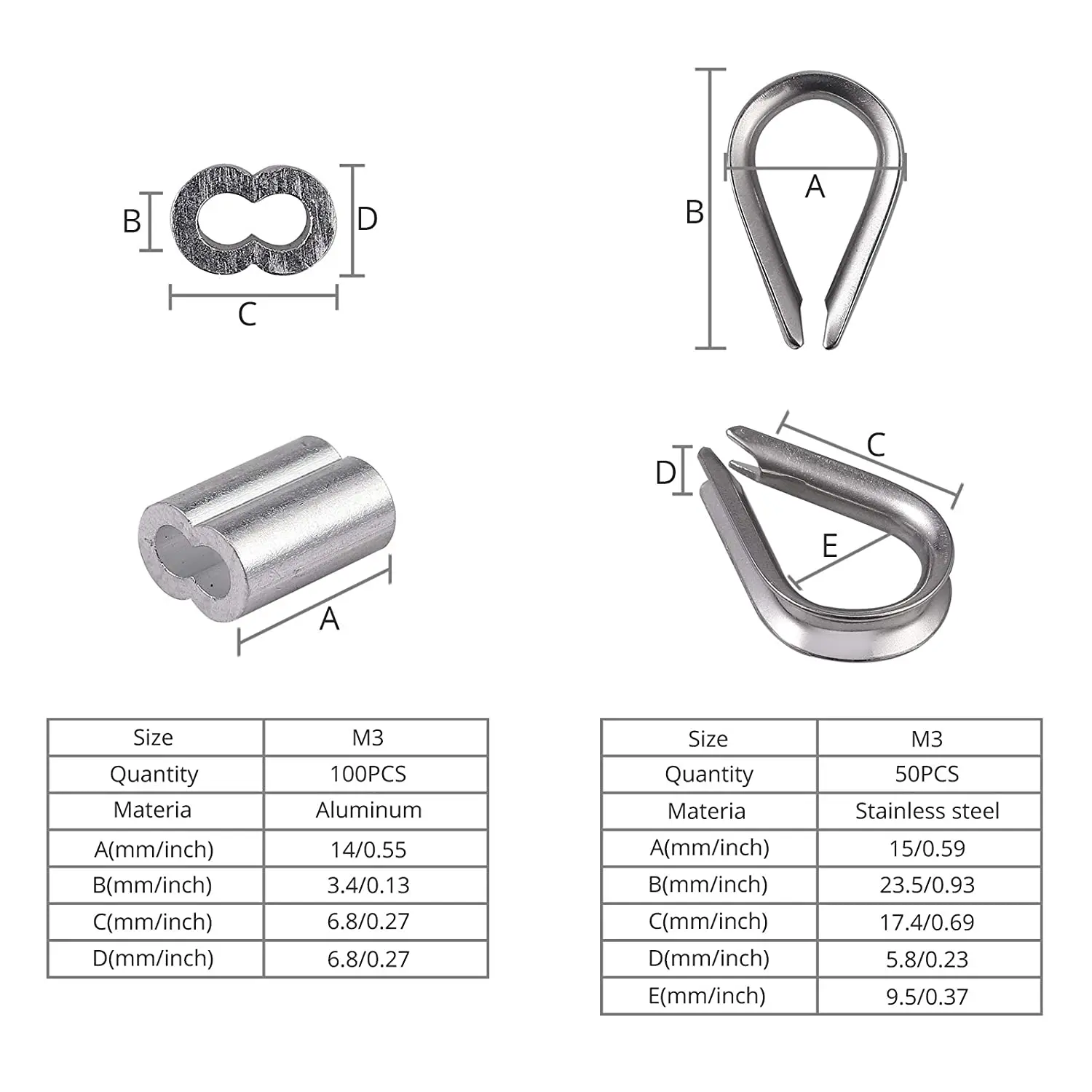 Cable Ferrule 100Pcs 1/8Inch Crimping Loop Sleeve Crimps 50Pcs M3 Stainless Steel Thimble Rigging for Wire Rope