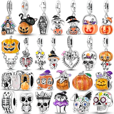 925 Charms Sterling Silver 2026 Halloween Skull Charms Bead 925 Sterling Silver Sparkling Zircon Pumpkin Head Dangle Fit Bracelet DIY Jewelry Holiday Gift