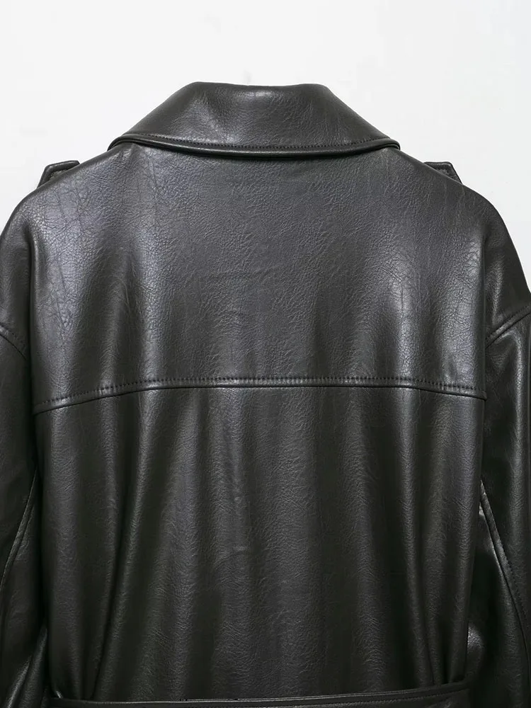 Women 2025 Autumn Winter Mid-length Loose Vintage Black Pocket Faux Leather Coat With Belt Casual Jacket Femme