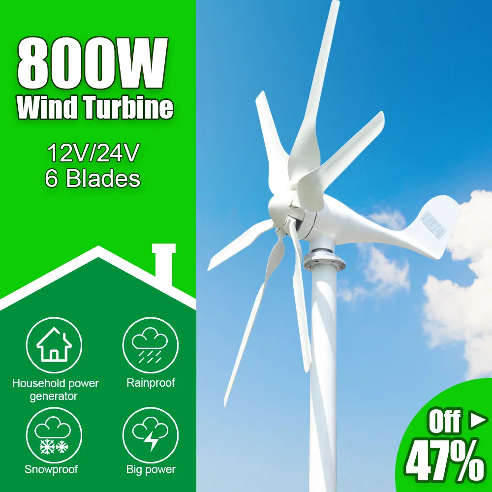 Wind Turbine Generator EU&RU&Brasil Warehouse 800W 6 Blades 12V 24V 24V High Efficient For Home Yacht Farm Street Lamps Use