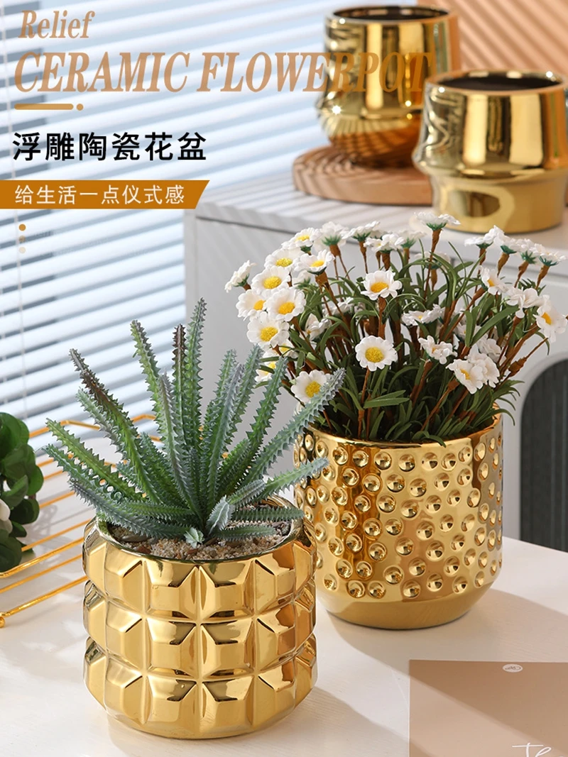 Gold Plating Ceramic Vase Crafts Relief Cylinder Flower Bottle Plant Container Office Flower Planter Pot High Sense Table Decor