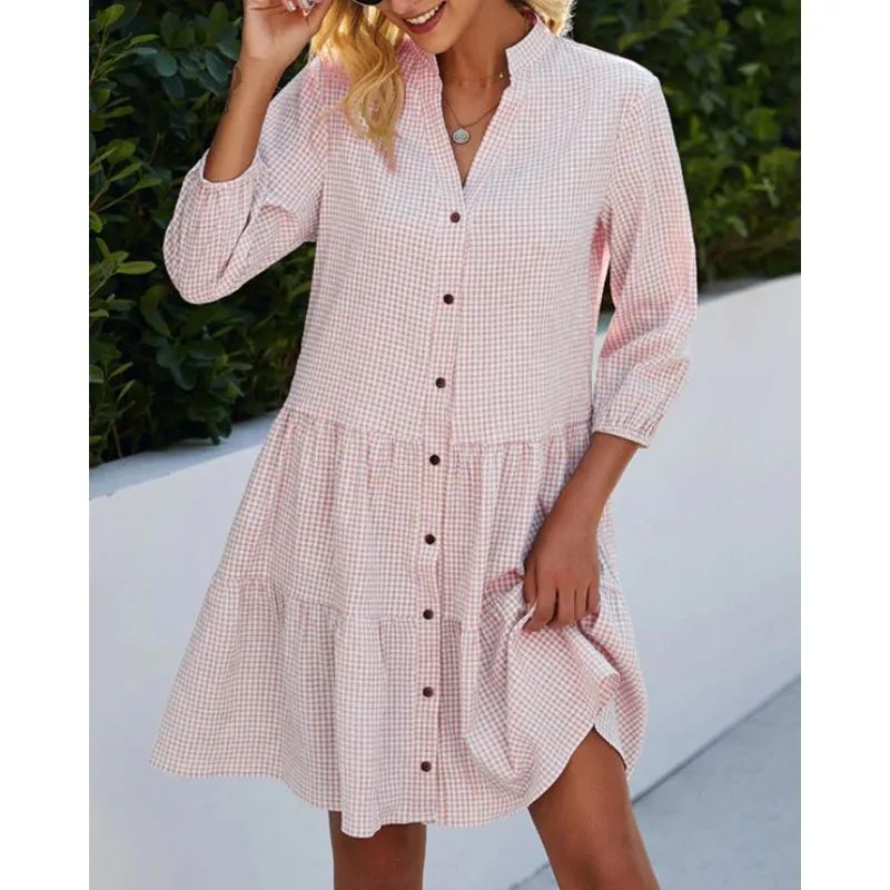 

Women Casual Half Sleeve Stand Collar Single Breasted Button Ruffle Vacation Boho Dress Spring Summer Plaid Loose Shirt Dress