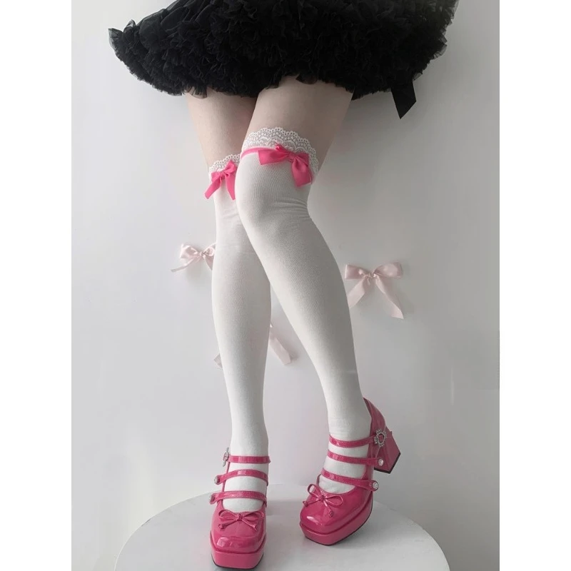 

Женские носки в стиле Лолиты, осенние хлопковые носки до середины икры с узлом-бабочкой и кружевной отделкой, милые
