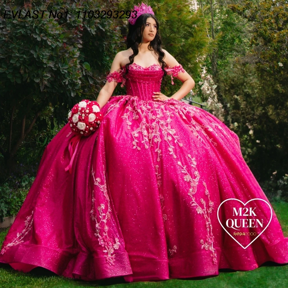 

EVLAST блестящее розовое платье Quinceanera по индивидуальному заказу 2026 бальное платье с аппликацией и корсетом из бисера с бантом Sweet 16 Vestidos De 15 Anos E1QN679