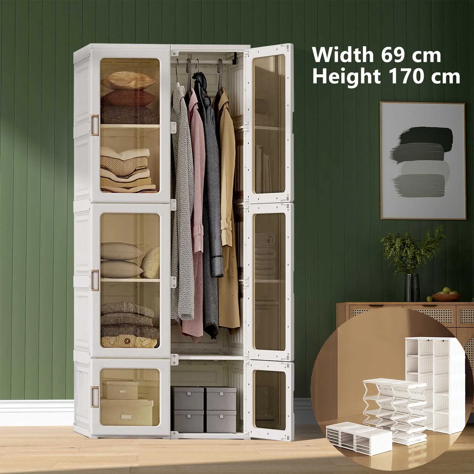 Plastic Wardrobe 10 Compartments 6 Doors 1 Suspension Foldable Portable Wardrobe Bedroom Armoire Wardrobe with Transparent Doors