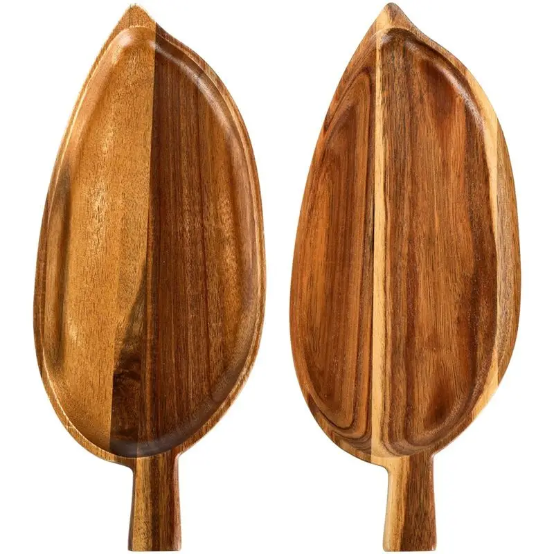 PZHI-2 Pc Wood Serving Platters,13 Inch X 5.5 Inch Leaf Shaped Food Serving Trays For Entertaining,Small Cheese Platter Board Du