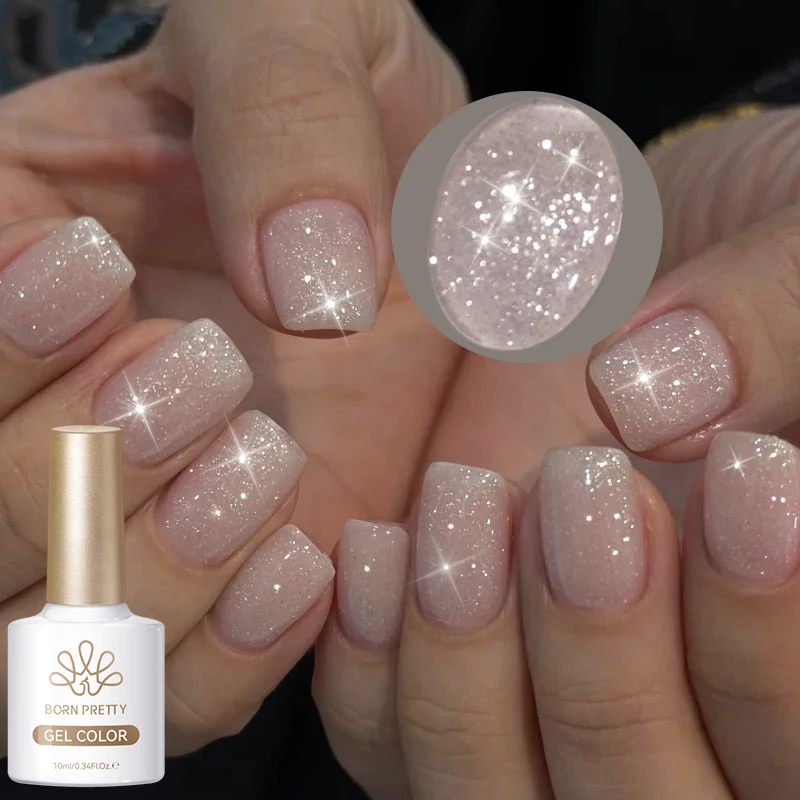 BORN PRETTY 10ml Esmalte em Gel Rosa Nude com Glitter Flash UV LED Removível de Longa Duração para Unhas Brilhantes Arte de Unhas Verniz Manicure DIY em Casa