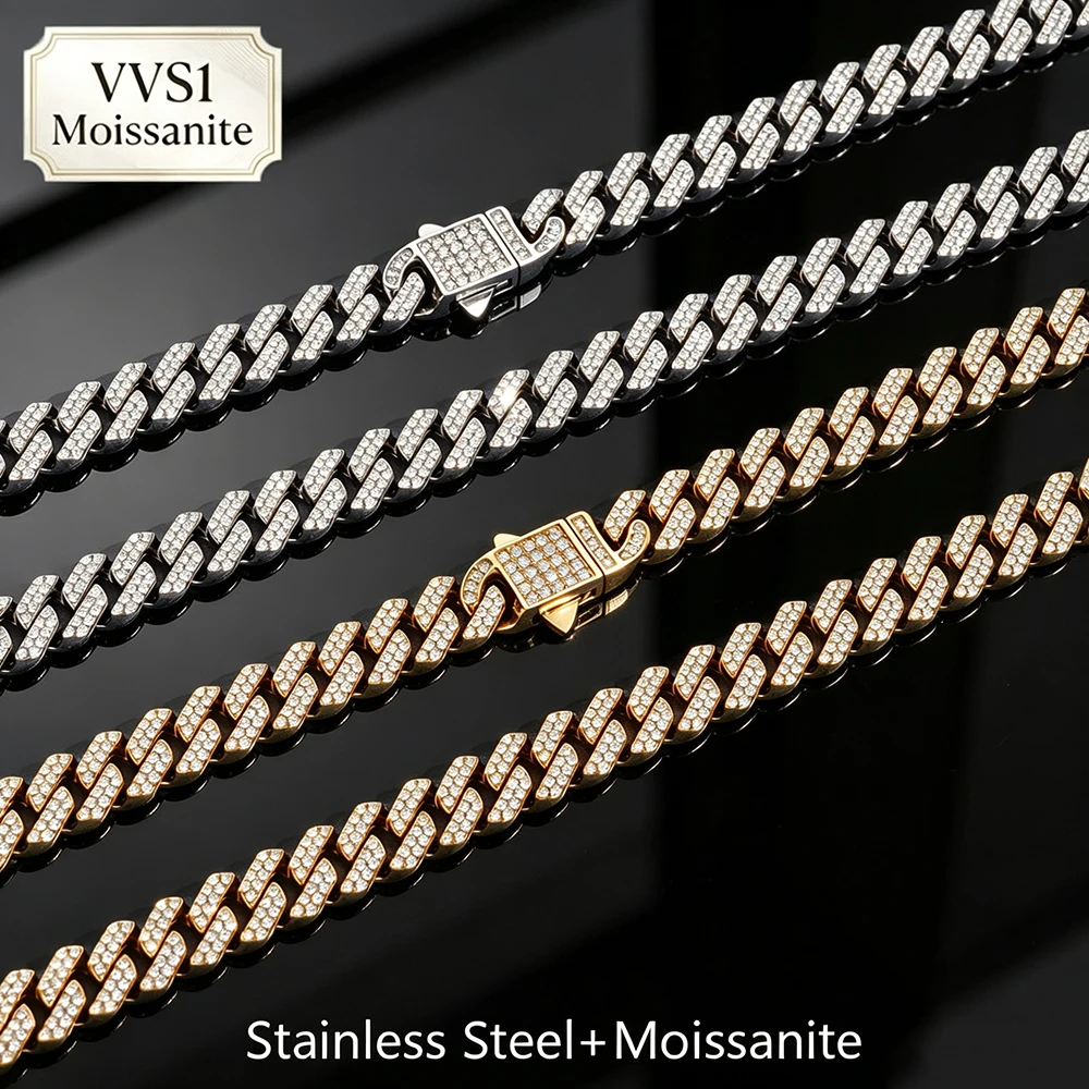 Iced Out 2 Rows Bling VVS1 Moissanite Cuban Necklace Bracelet 8mm Stainless Steel Hip Hop Jewelry Fashion Gift for Men Women