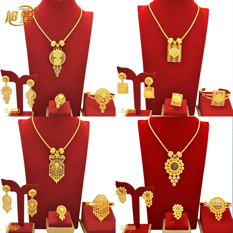 Dubai 24K Gold Plated Jewelry Set Nigerian Bridal Alcohol Necklace Bracelet Earrings Ring Four-piece Set