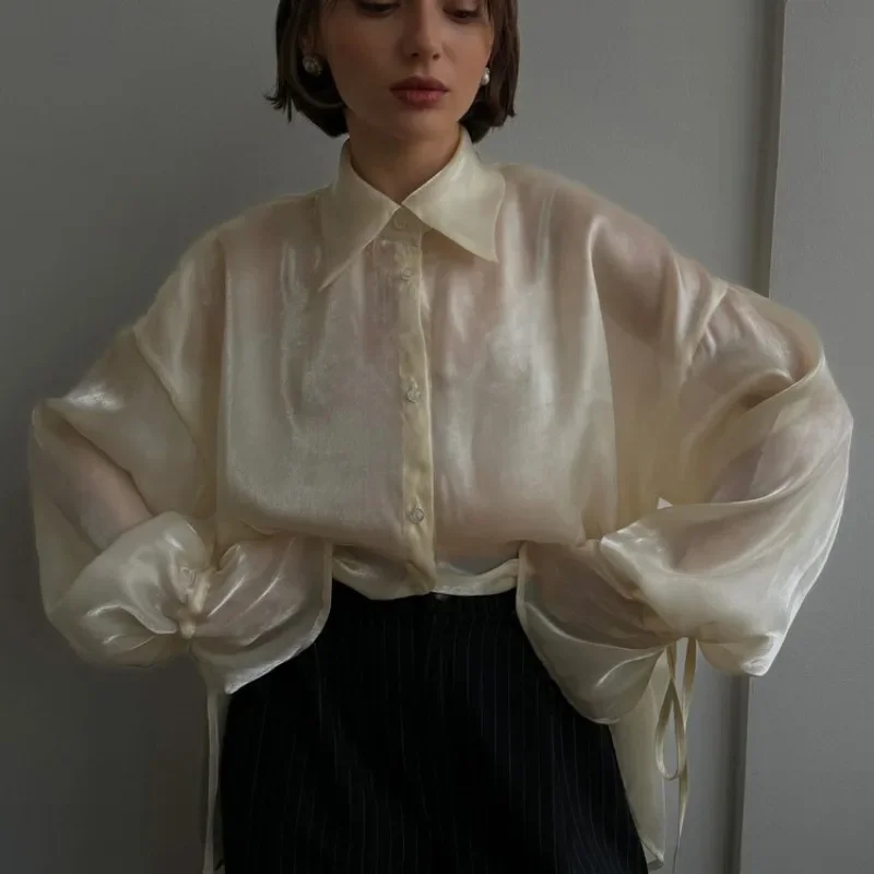 Summer Casual Loose See-Through Shirts Women's Lapel Long Sleeve Lace Up Blouse Tops Korean Streetwear Female Solid Tops