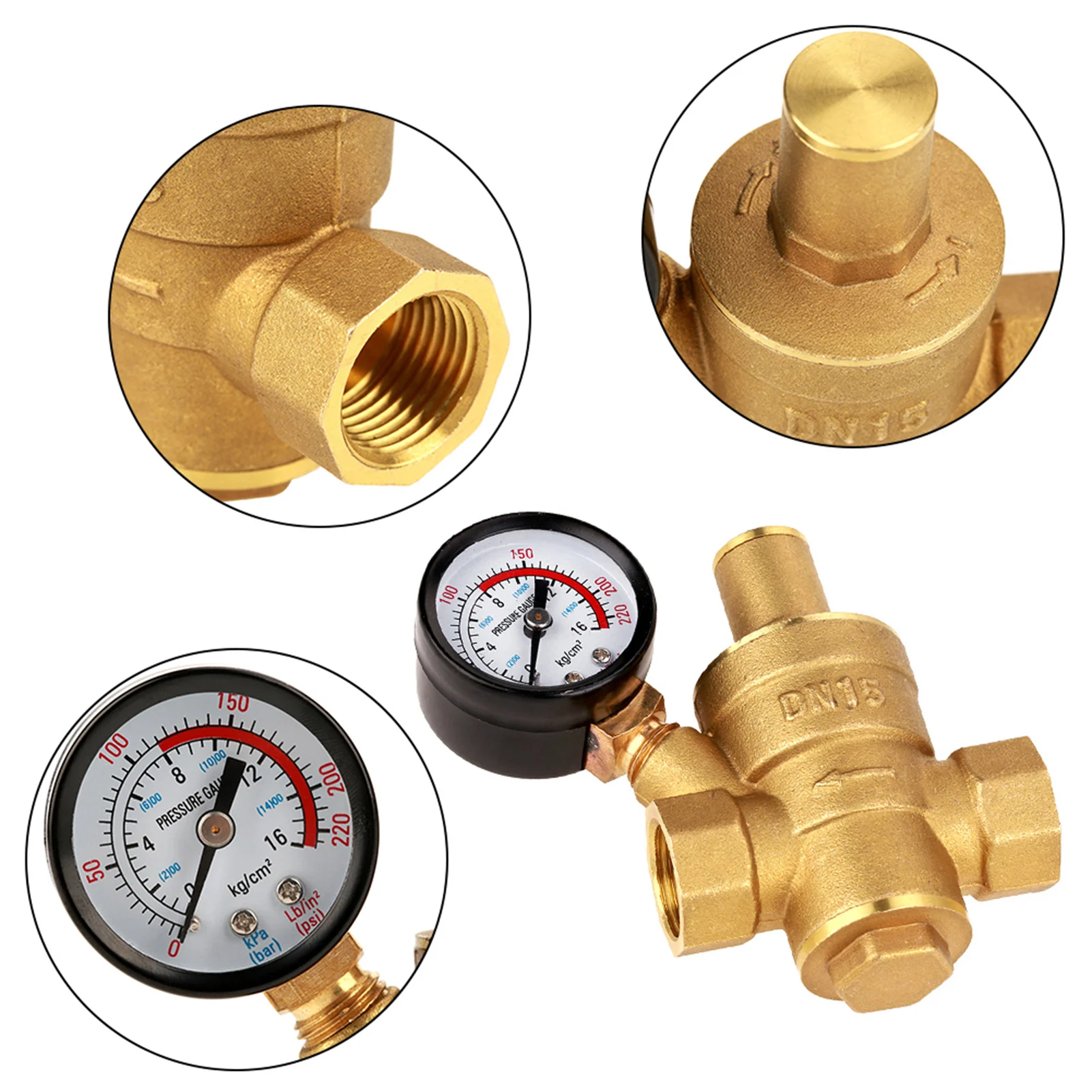 DN15/DN20 Brass Adjustable Water Pressure Regulator Reducer With Gauge Meter 0.05-0.8Mpa (7.25-116psi)