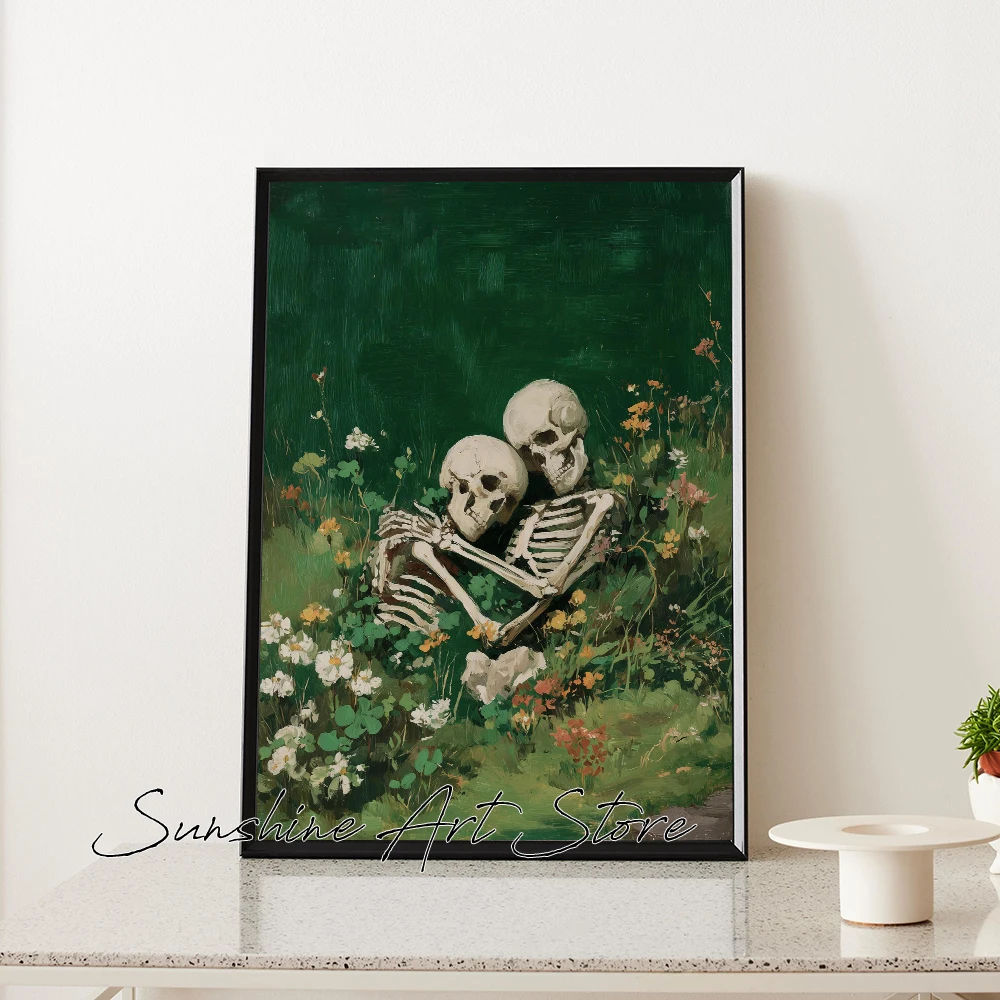 Romantic Skeleton Couple Gothic Love Valentines Dark Academia Painting Spooky Romance Poster Canvas Painting Wall Pictures Decor