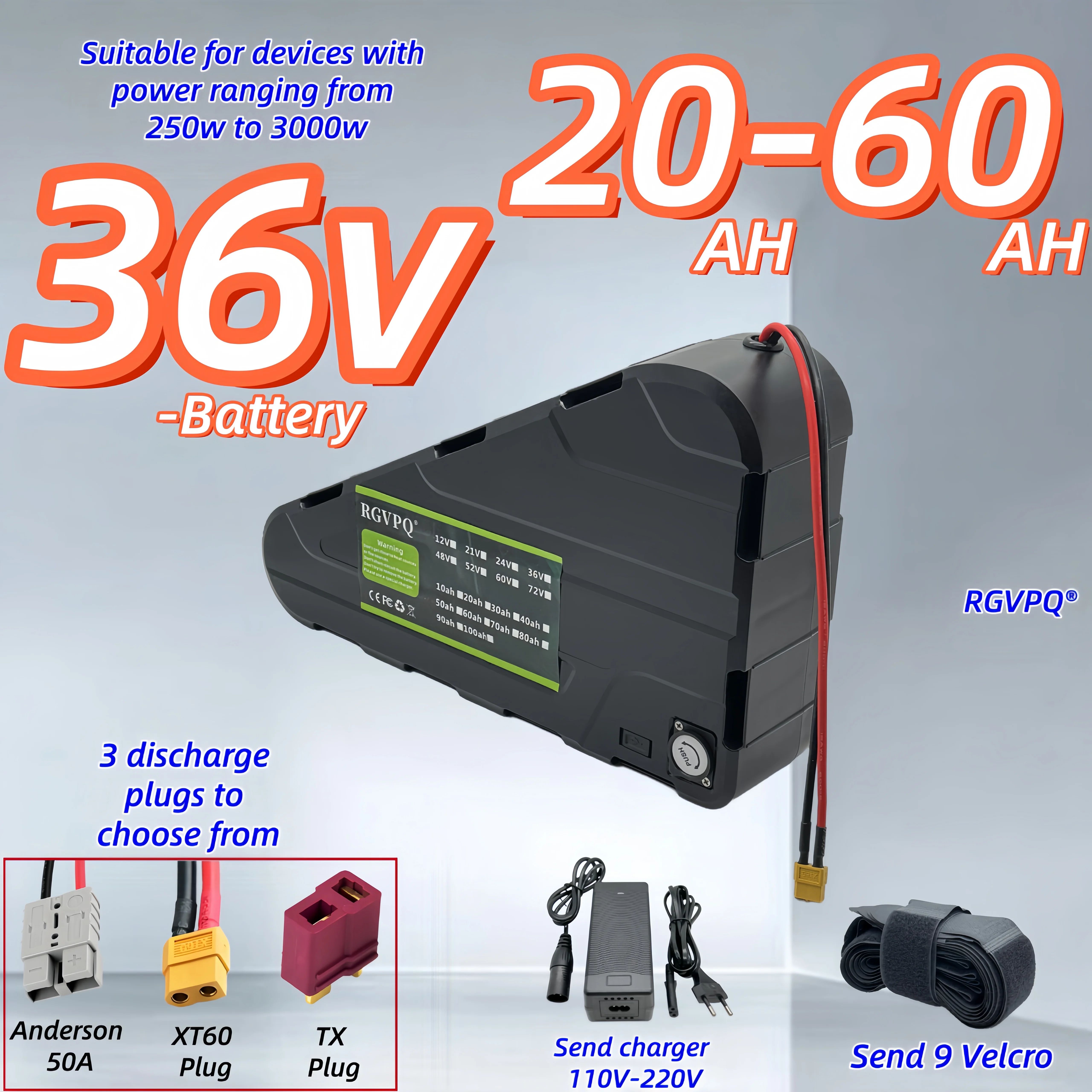 

Air transportation, 18650 triangle 36V20ah-36V60V lithium battery pack, built-in BMS30AH, modified for mountain bikes