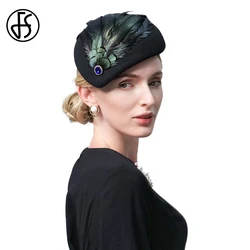 FS 2024 Winter Royalblue Beret Wedding Hats Fascinators For Women Wool Felt Caps Elegant Church Cocktail Party Fedoras Feather