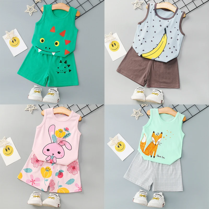 New Summer Children's Clothing Sets Dinosaur Boy Sleepwear Vest+Shorts Clothes Kids Pajamas Set Baby Girls Pyjamas 2 to 10 Years