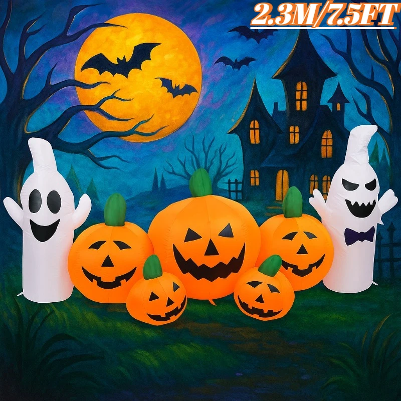 2.3 متر/7.5FT لعبة قابلة للنفخ اليقطين شبح مجموعة في الهواء الطلق حديقة ساحة الحديقة ديكور هالوين ديكور نفخ نموذج المدمج في أضواء LED