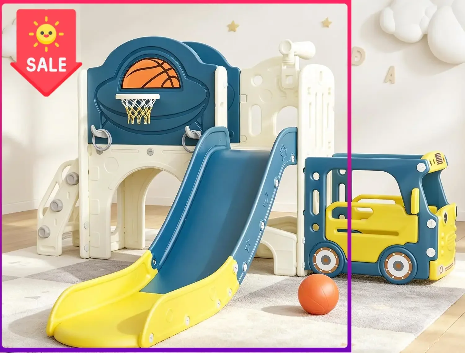 USA Stock 9 in 1 Bus-Themed Toddler Slide,Outdoor Playset and Playground | Multi Functional Toddler Playground Certified by CPC,
