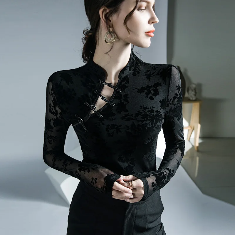 

Vintage Button Top Autumn Winter New Mesh Printed Long Sleeve Base Shirt Stylish
