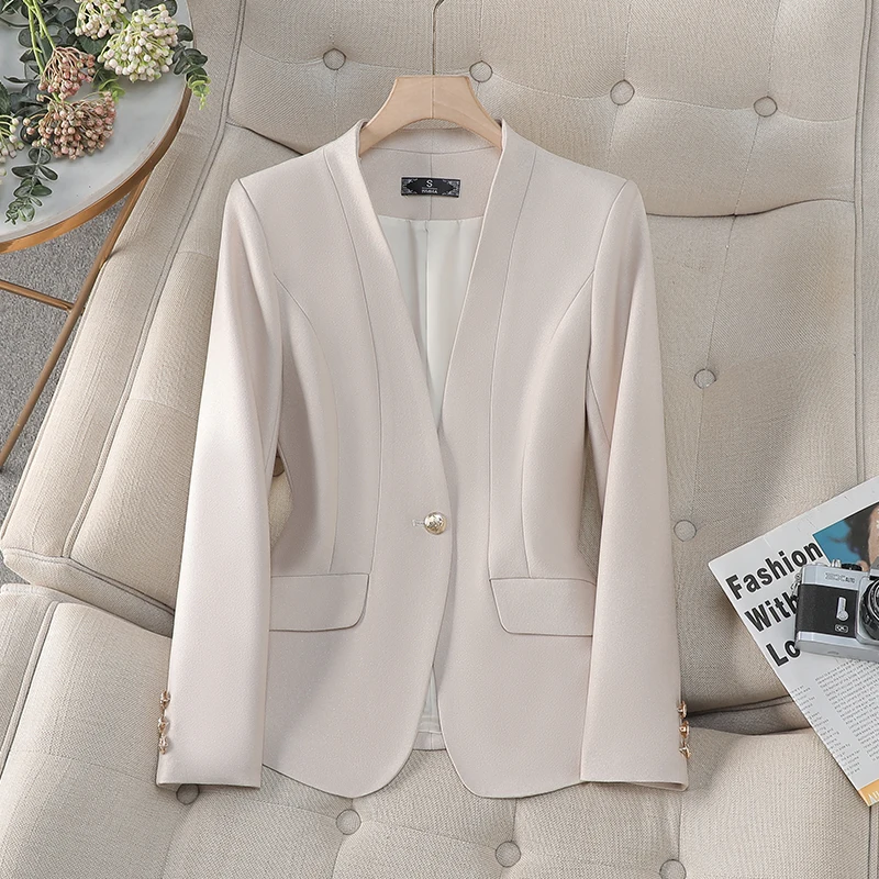 NAVIU แฟชั่นผู้หญิงออกแบบใหม่ Blazer ผู้หญิงสีชมพู CAMEL Apricot Solid แจ็คเก็ตสุภาพสตรีแขนยาว Slim Work Coat