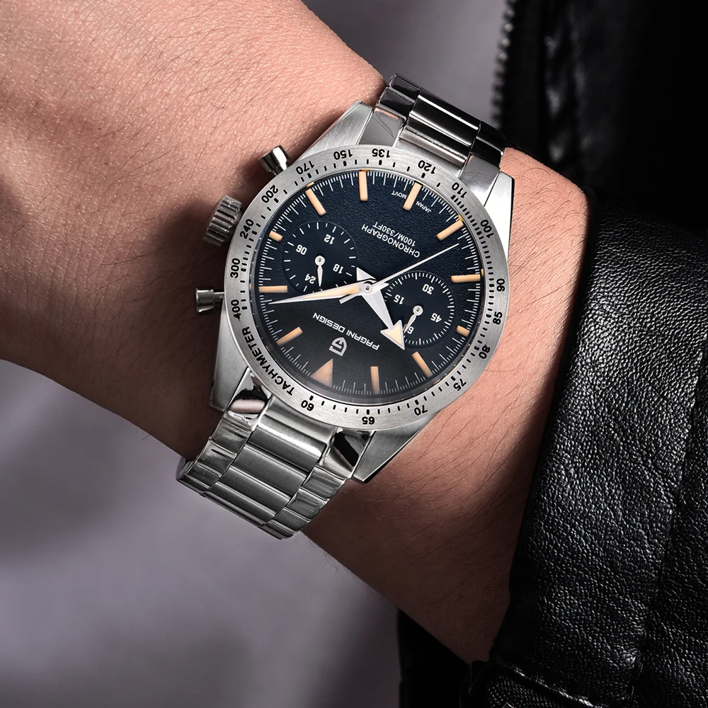 PAGANI تصميم العلامة التجارية الكوارتز الفاخرة هدية صندوق ساعة الفولاذ المقاوم للصدأ VK64 كرونوغراف الياقوت كريستال 100 متر مقاوم للماء ساعات رجالية