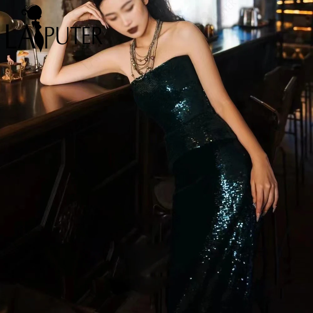 Thick Sequined Green Evening Dresses Column Peplum Waist Off Shoulder Strapless Neck Sliming Lady Party Club Long Prom Gown