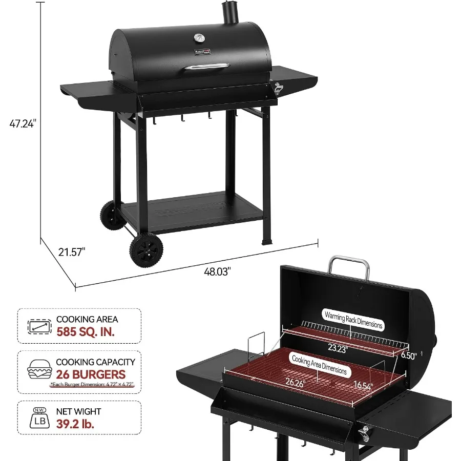 30-Inch Charcoal Grill with Side Table Black