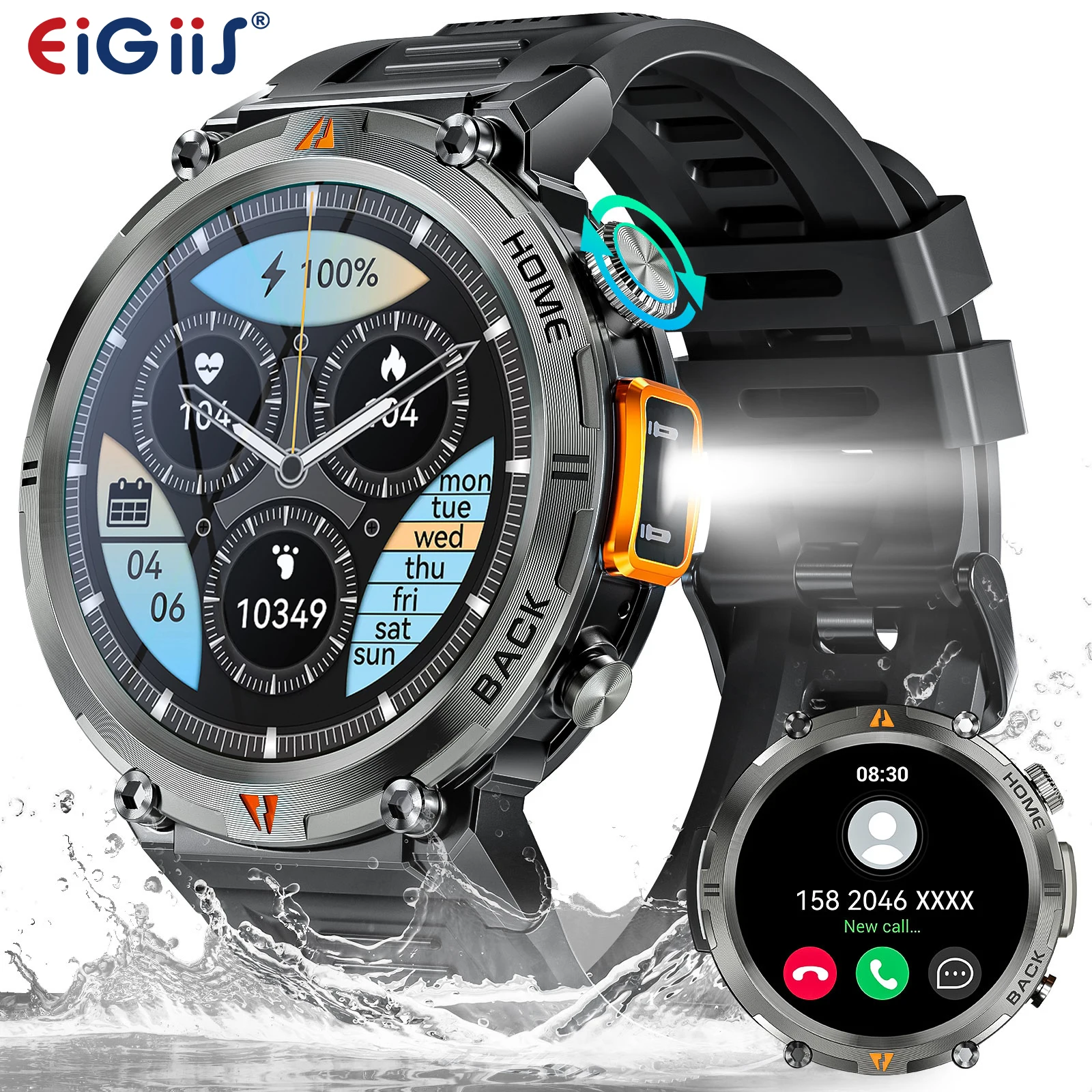 

EIGIIS KE3 2025 Новые умные часы с Bluetooth для вызова для мужчин, полный сенсорный экран с монитором здоровья, пульсометр, фонарик, умные часы