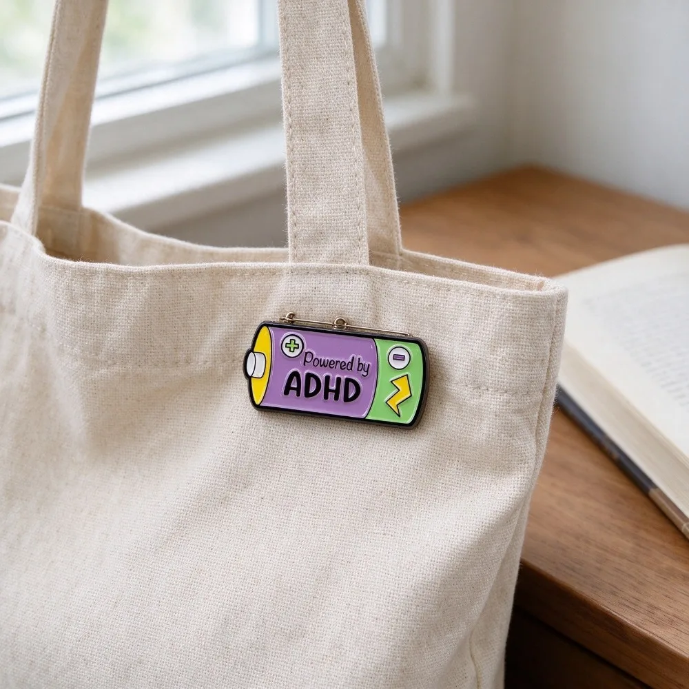 Powered By ADHD Battery Shape Enamel Pin Funny Quote Lapel Pins Brooch Badge for Backpack Jacket Hat Decorative Jewelry Gift