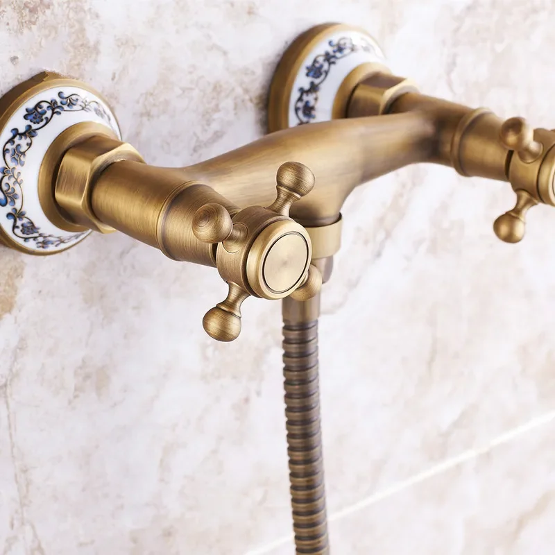 Retro Shower Faucets Antique Brass Ceramics Bathtub Faucets Rain Shower HandHeld Bathroom Sanitary Wall Mount Shower Mixer Tap