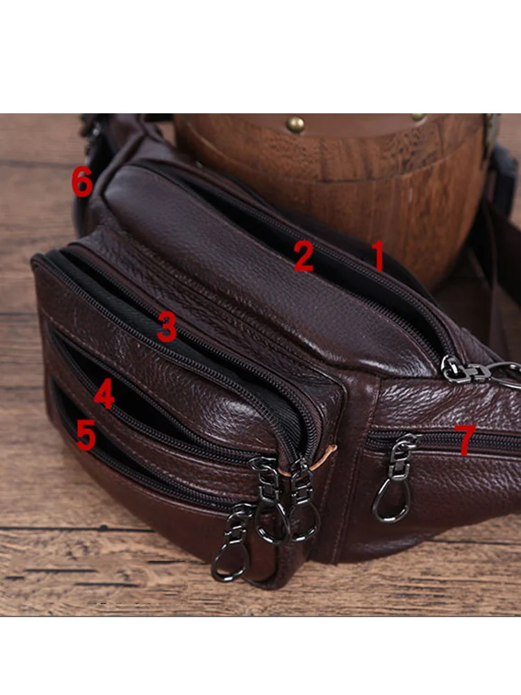 Waist Genuine Leather Bag For Man 7 Zipper Pocket Panny Pack Casual Large Capacity Male\'s Solid Chast Bags