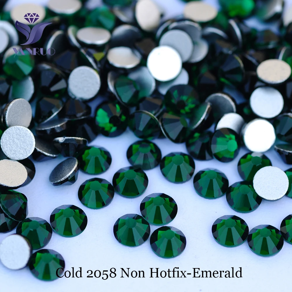 YANRUO 2058NoHF Emerald FlatBack Senza Colla Su Strass Rhinestones di Vetro di Cristallo Non Hot Fix Pietre Verdi Per I Vestiti