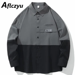 Harajuku Shirts Men Spring Autumn Long Sleeve Shirts Fashion Casual Patchwork Cargo Shirts Male