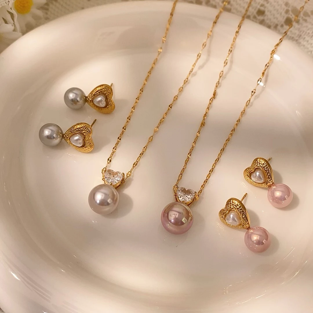 أزياء بسيطة هندسية القلب الزركون الفولاذ المقاوم للصدأ مطلية بالذهب السيدات اللؤلؤ قلادة إسقاط أقراط قلادة مجموعة مجوهرات