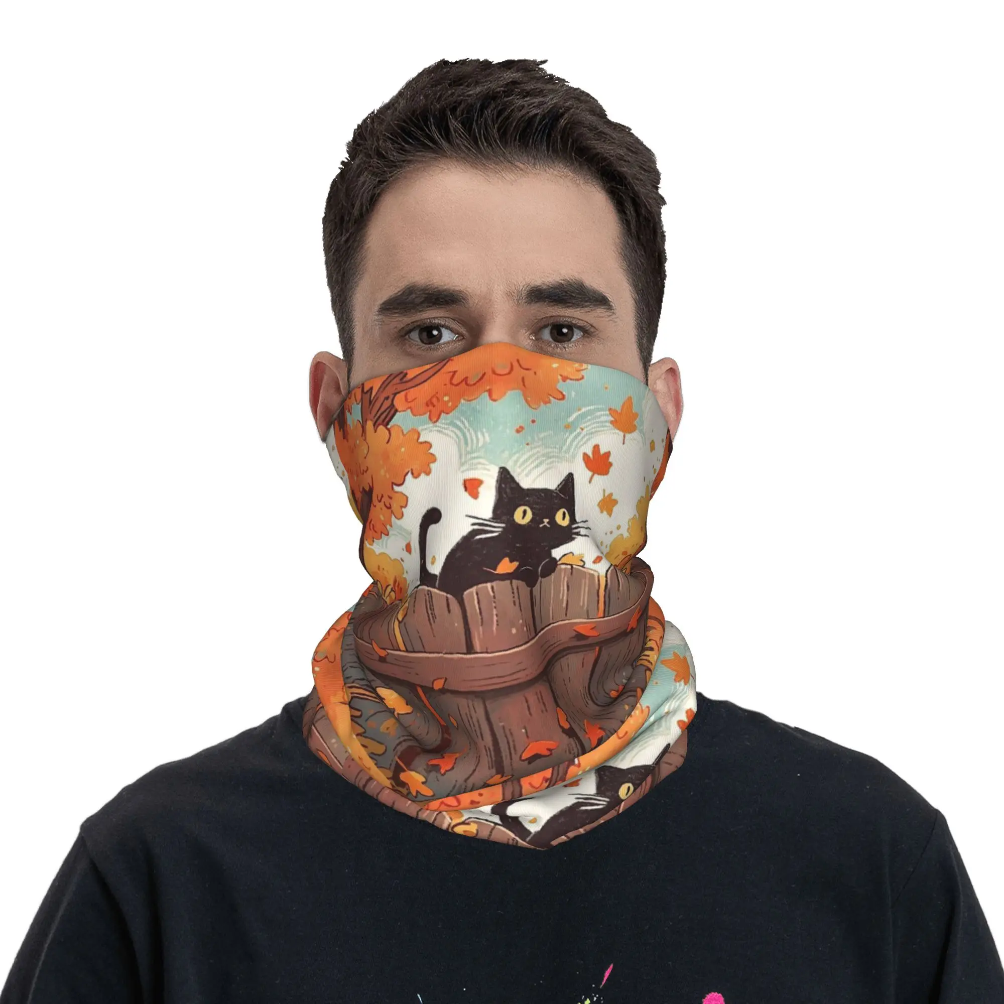 Cartoon Black Cat Fall Leaves Bandana Neck Gaiter Printed Wrap Scarf Warm Cycling Scarf Riding Unisex Adult