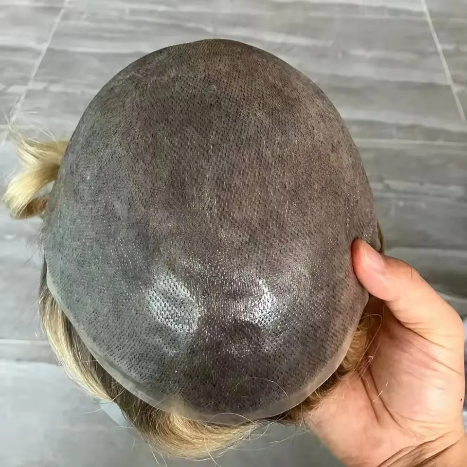 30mm Wellig/Glatte Super Natürliche Haarlinie 4T613 # Ombre Blonde Unentdeckbare 0,06mm Dünne Haut V-Loop Herren-Toupet Echthaar-Perücken – Detail 3