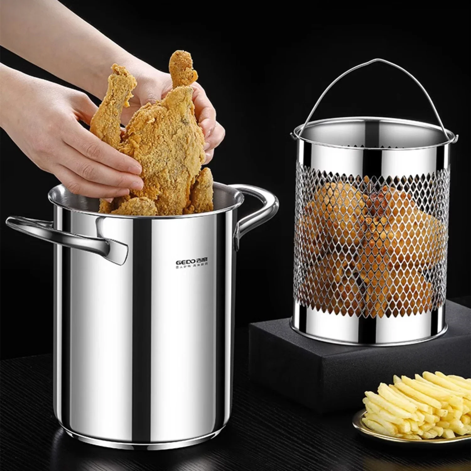 Freidora de acero inoxidable 304 pura certificada, olla para freír patatas fritas, olla para estofar fideos vegetales con colador