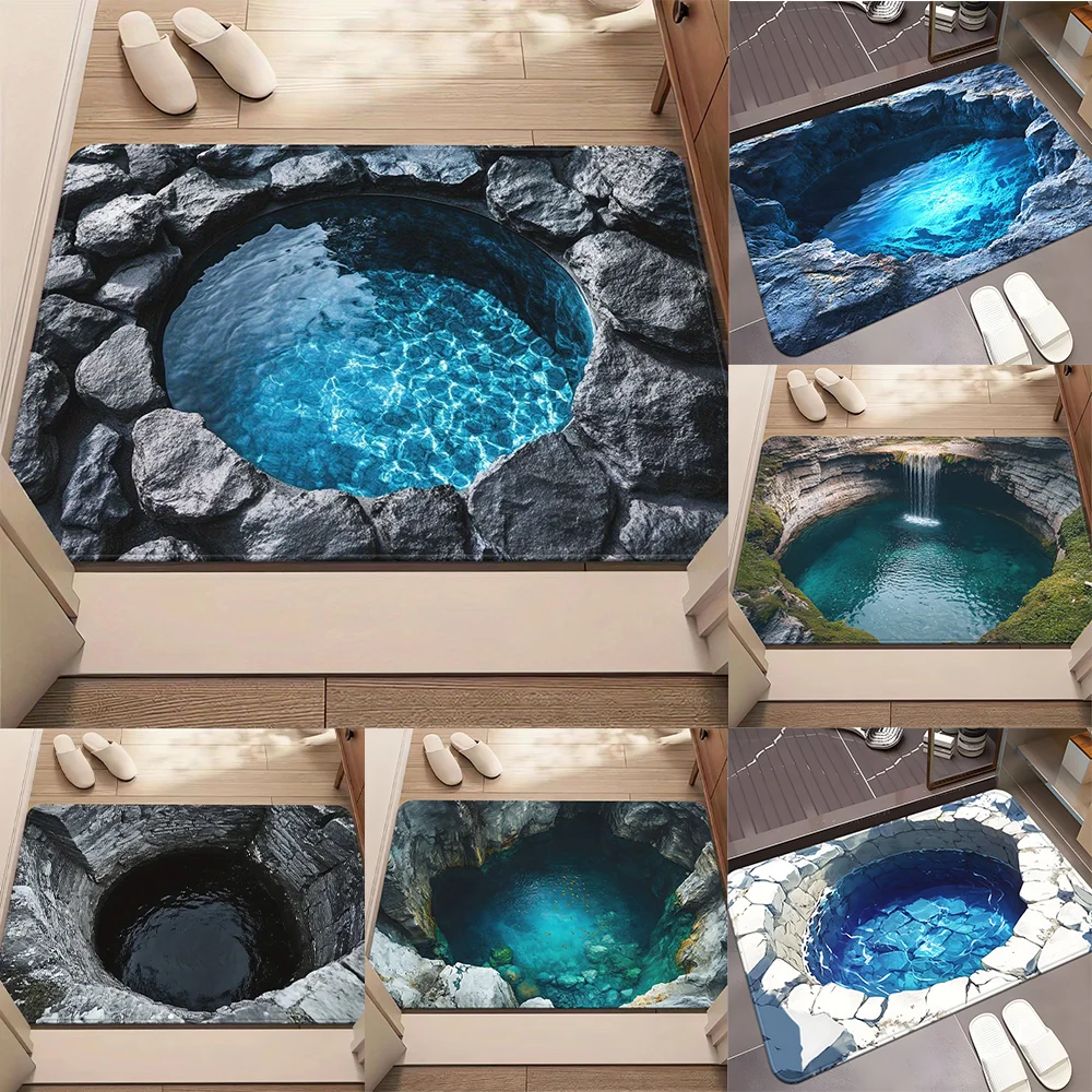 Alfombra de piscina de roca ilusión 3D, alfombra con diseño de agua azul realista con borde de piedra, alfombra antideslizante para decoración de sala de estar