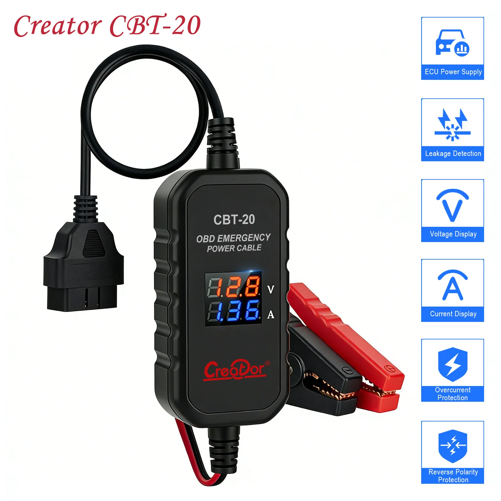 Cabo de Energia de Emergência OBD Creator CBT-20 para Carro, Conector de Bateria OBD2, Protetor de Bateria, Clipe de Conexão, Salva-Memória OBD para ECU Automotiva
