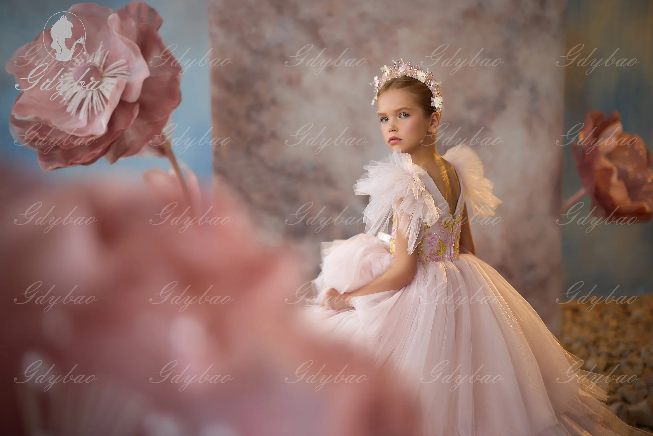 Vestido de niña de flores rosa claro, tul hinchado para apliques de boda, sin mangas, princesa, fiesta de cumpleaños para niños, vestido de baile de primera comunión