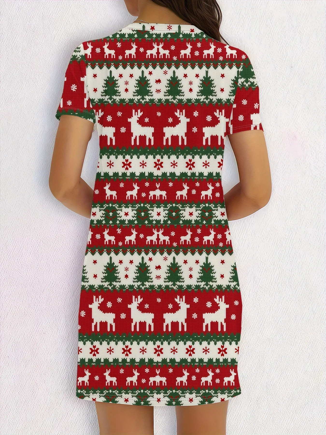 여성용 크리스마스 순록 눈송이 프린트 반소매 드레스 레드 그린 홀리데이 파티 드레스 화이트 칼라 Y2k 축제 드레스