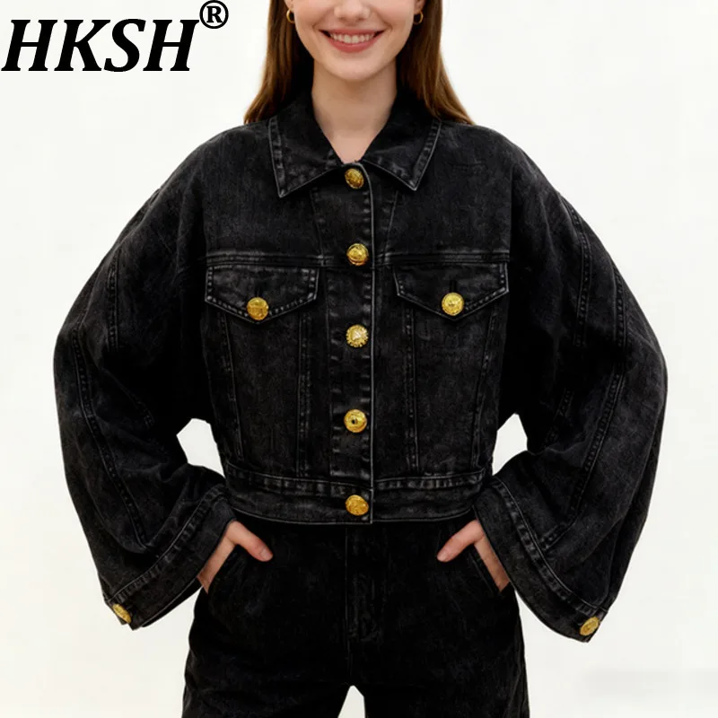 

HKSH Spring Autumn New Women Short Denim Jacket Single Breasted Turn-down Collar Versatile Vintage Elegant Fashion Coats HK16735