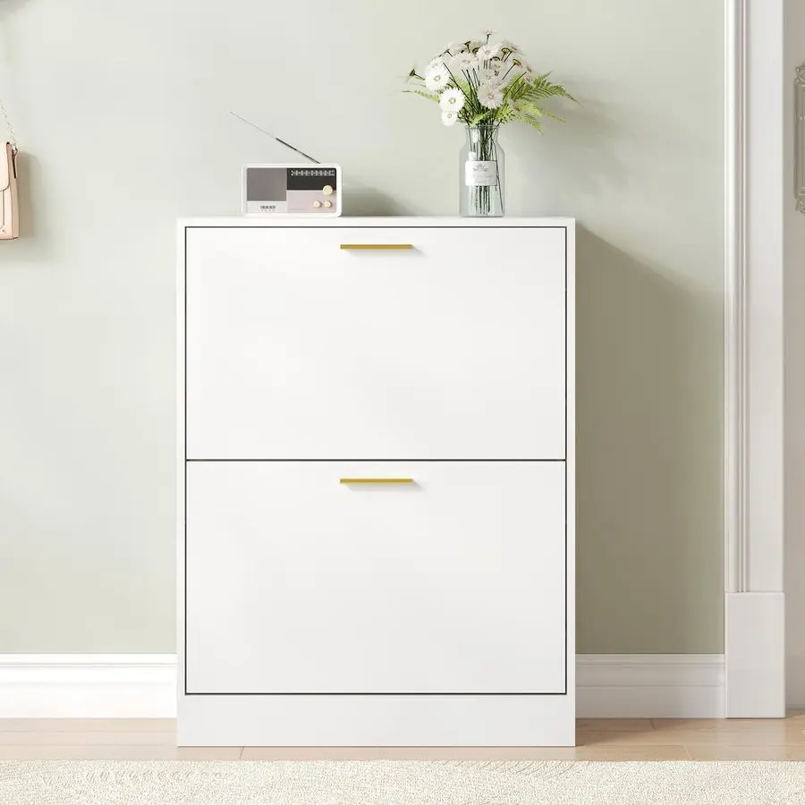 

Shoe Cabinet with 2 Flip Drawers, White Shoe Cabinet Storage for Entryway, Modern Shoe Organizer Wood, Freestanding Small Thin