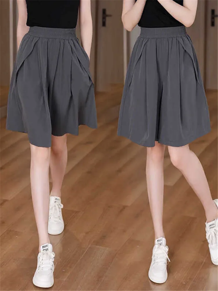 

High Waist Loose Ice Silk Quick Dry Women's Five-Quarter Pants Skirt Summer Casual Wide Leg Short Pants Korean Style Commute