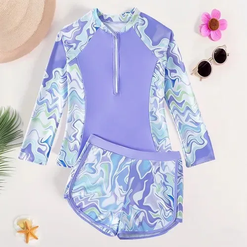 

Youth Girls Two-piece Swimsuit Set Fashion Print Long Sleeve Zipper Sun-protective Quick-Dry Surfing Bathing Suit Teen Swimwear