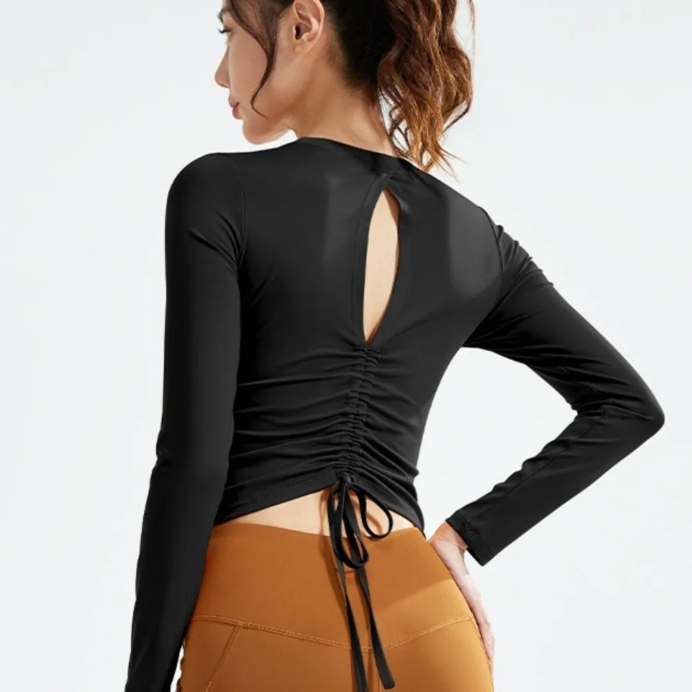 フリル付きフィットバックドローストリングスポーツウェア長袖伸縮性フィットネスヨガトップ（胸パッド付き）通気性ピラティスヨガシャツ