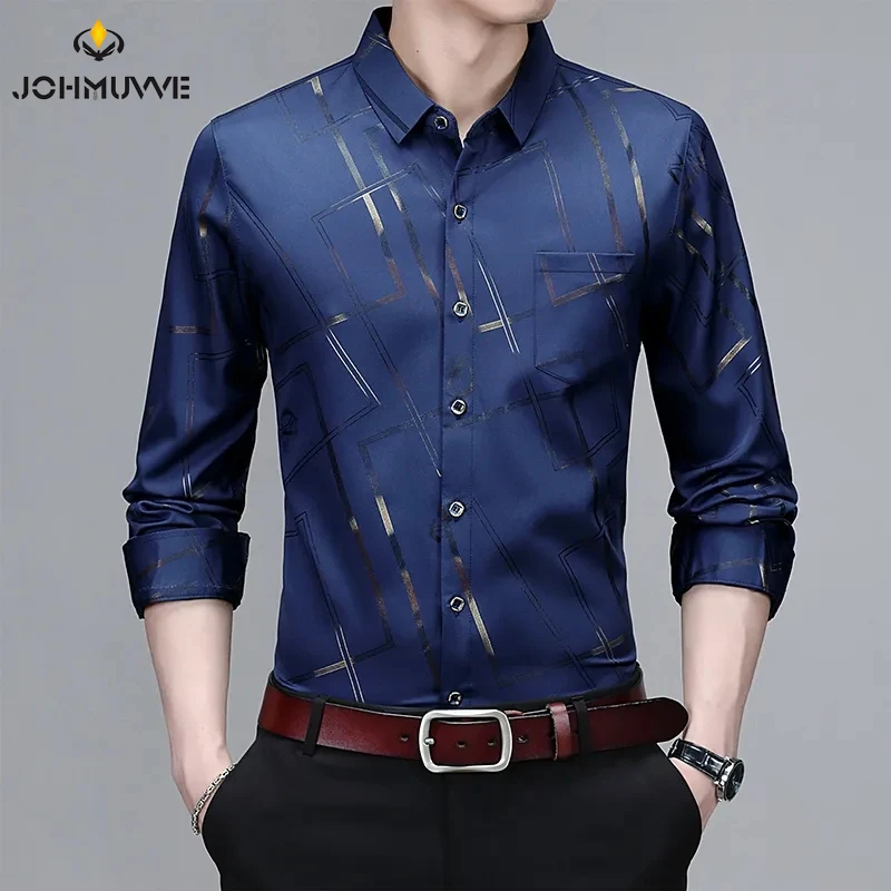 Camisa casual masculina de manga comprida estampada, blusa Business, não engomar e resistente a rugas, elegante